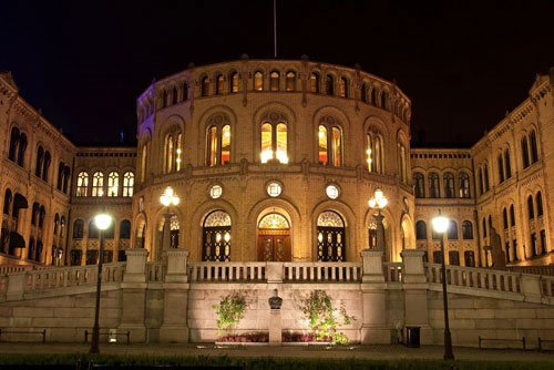 Stortinget Parliament Building night view Oslo Norway